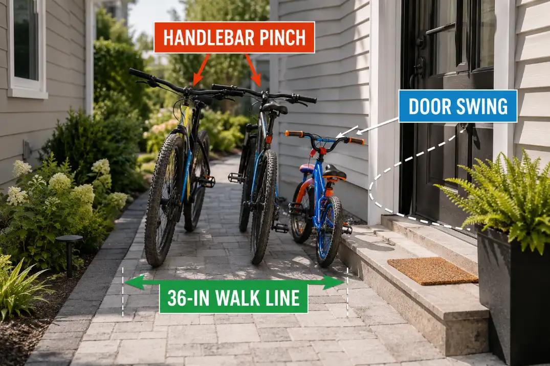 Bikes parked near a home entry path showing a narrowed 36-inch walk line, handlebar pinch point, and door swing conflict.