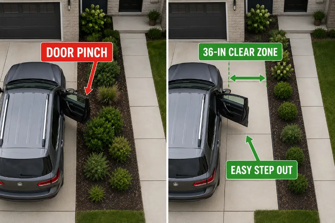 Comparison visual showing a car door pinched by driveway plants versus a clear 36-inch door opening zone.