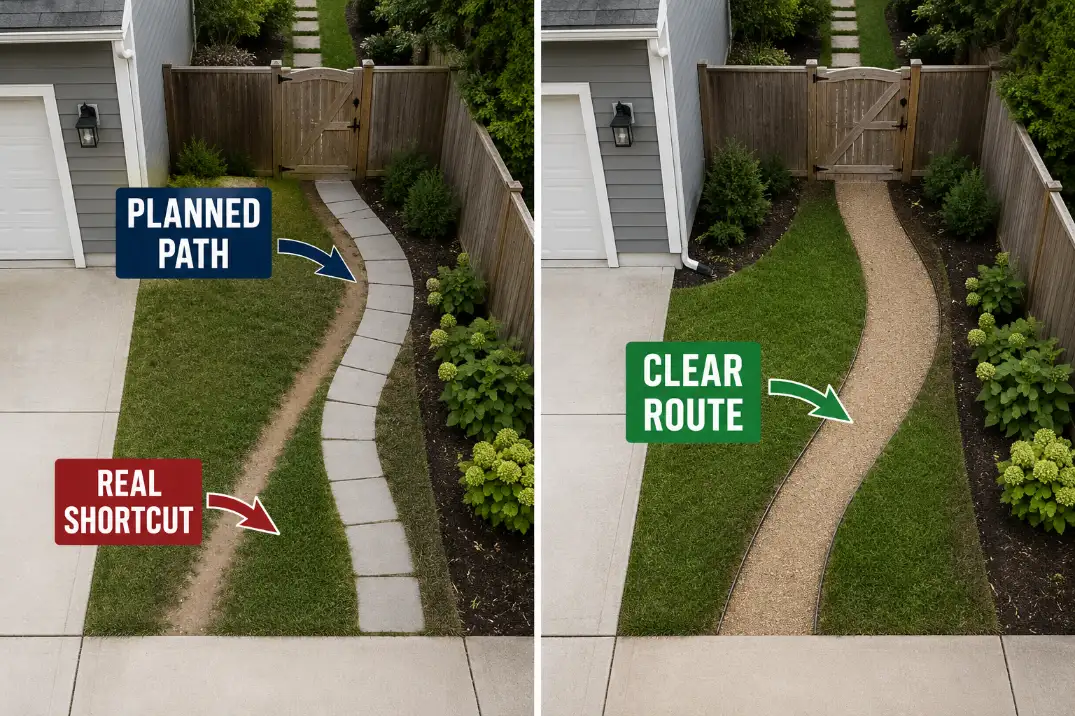 Comparison visual showing a planned backyard access path missing the real driveway shortcut and a corrected clear route to the gate.