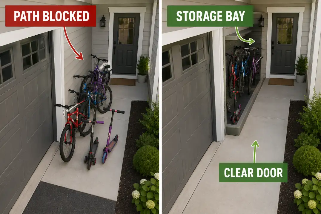 Comparison visual showing bikes and scooters blocking a garage entry path versus a clear door route with gear moved into a storage bay.