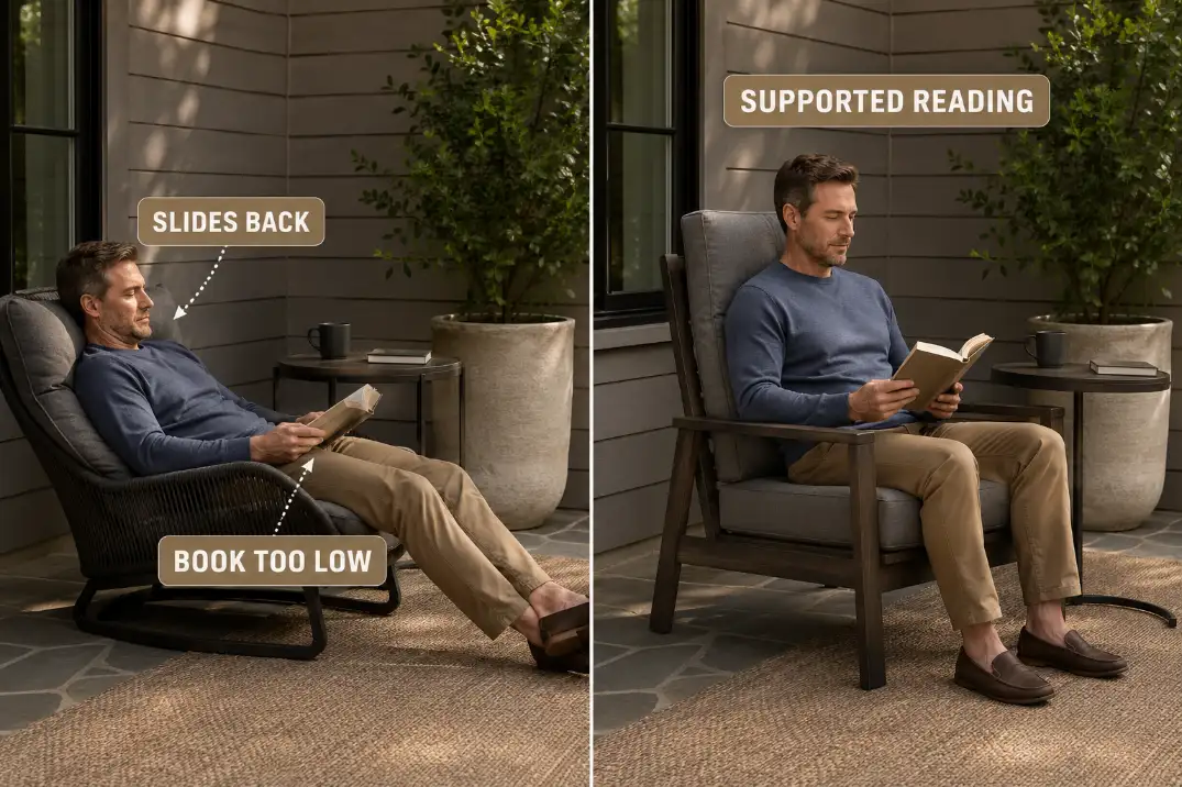 Comparison of outdoor reading chair posture showing a deep slouching chair versus a supportive high-back patio chair.