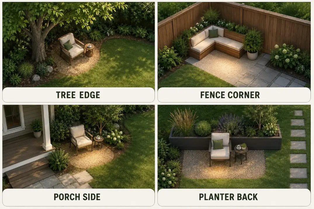 Four backyard reading nook layout ideas showing tree edge, fence corner, porch side, and planter-backed chair options.