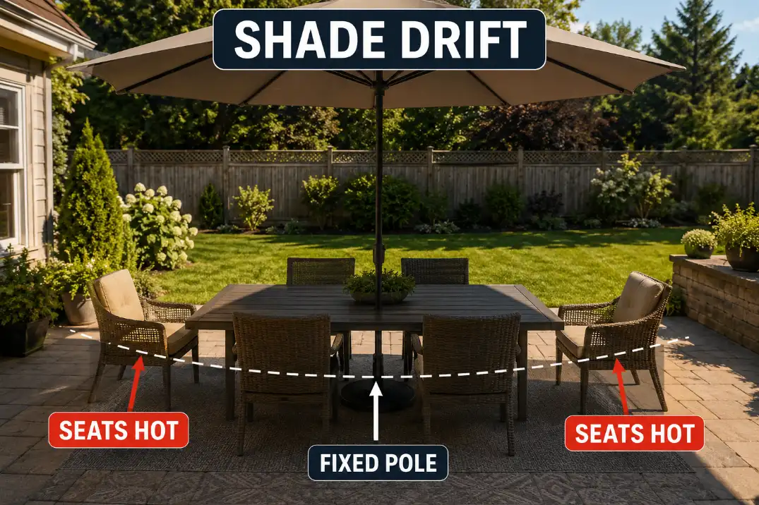 Patio dining umbrella with afternoon shade missing nearby chairs because the fixed pole cannot follow the sitting zone.