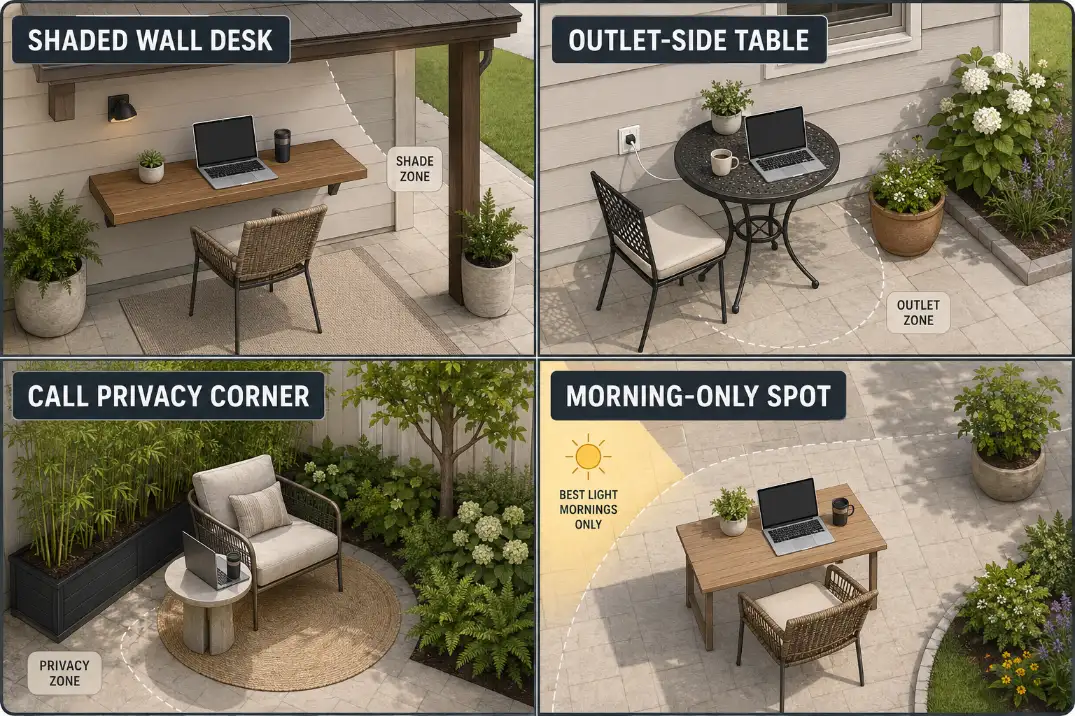 Four-panel patio work space idea diagram showing a shaded wall desk, outlet-side table, call privacy corner, and morning-only laptop spot.