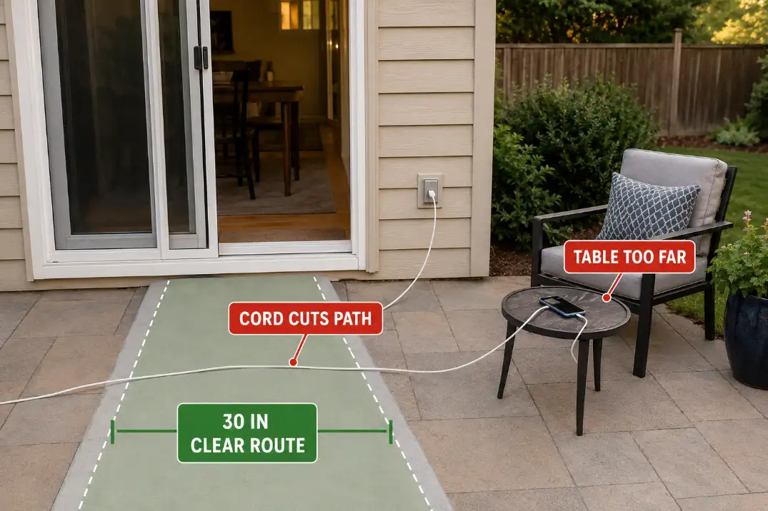Patio charging cord crossing the back door walking path because the table is too far from the outlet.