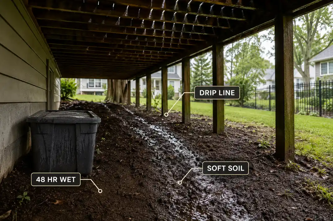 Under-deck area showing repeated drip lines, soft muddy soil, and a wet strip that remains damp after rain.