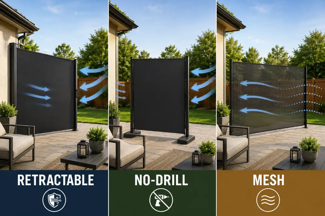 Comparison of retractable, weighted freestanding, and mesh patio wind screens for exposed outdoor seating areas.