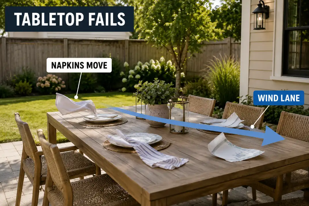 Outdoor dining table with napkins moving in a backyard wind lane before guests sit down.