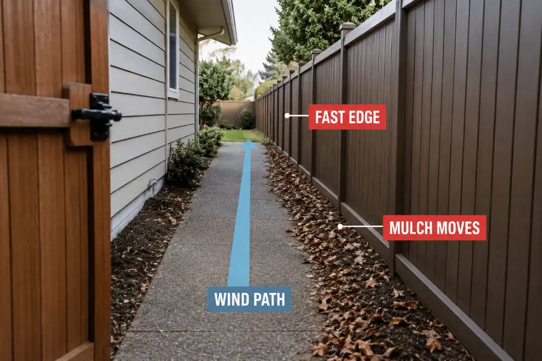Narrow side yard wind path showing mulch and leaves pushed through a fast corridor between the house wall and fence.