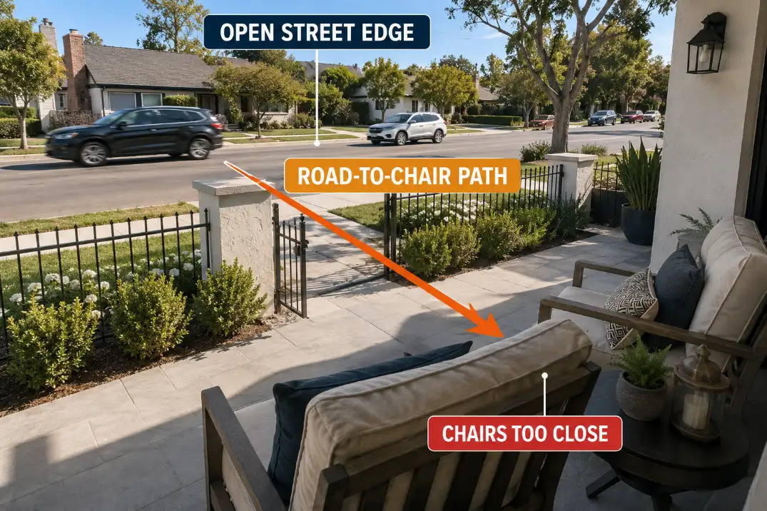 Street-facing patio chairs placed too close to an open road edge with a direct road-to-chair noise path.