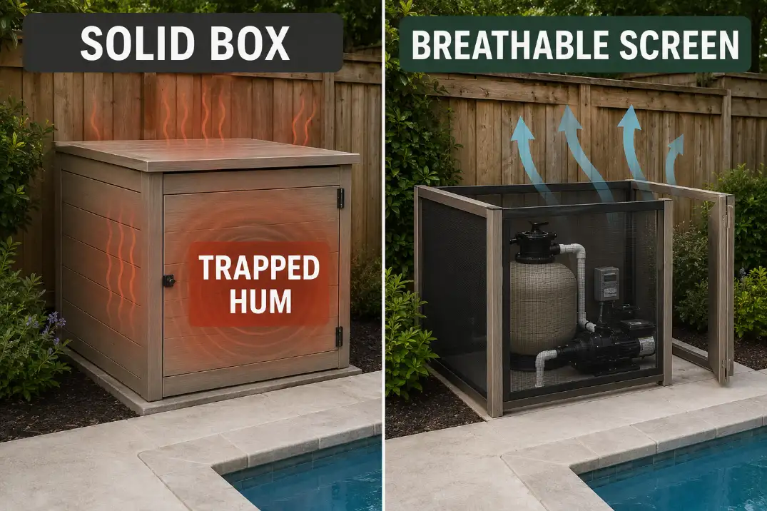 Comparison visual of a solid pool pump box trapping sound and heat versus a breathable screen with open service access.