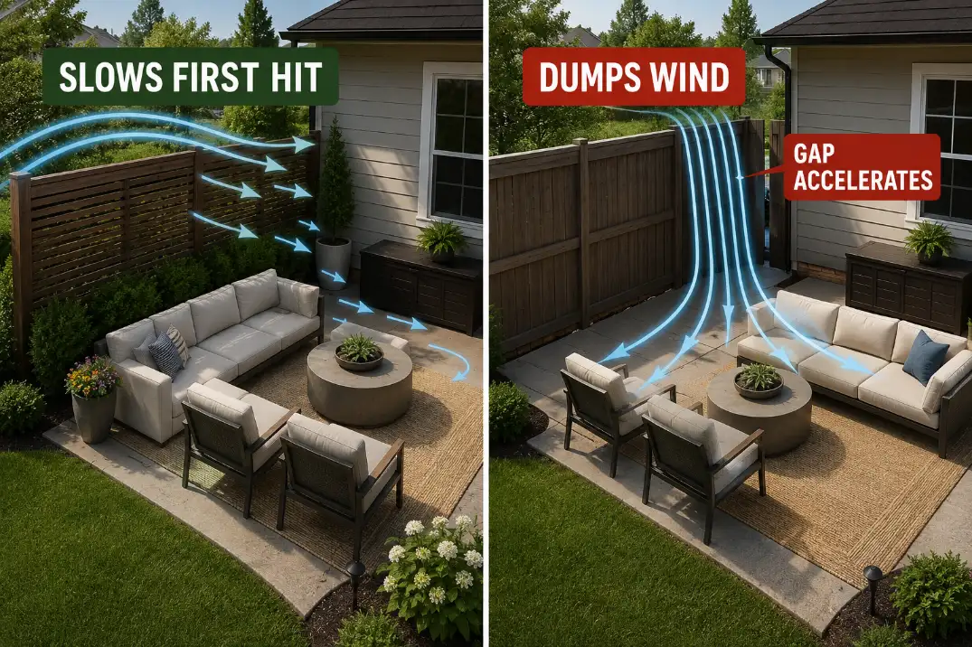 Comparison of two patio corners showing one layout that slows wind before seating and another that dumps wind through a narrow gap.