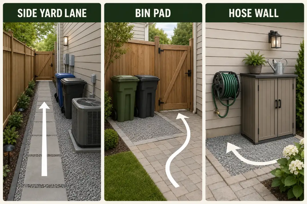 Three outdoor utility zone layout ideas showing a side yard service lane, trash bin pad, and hose storage wall.
