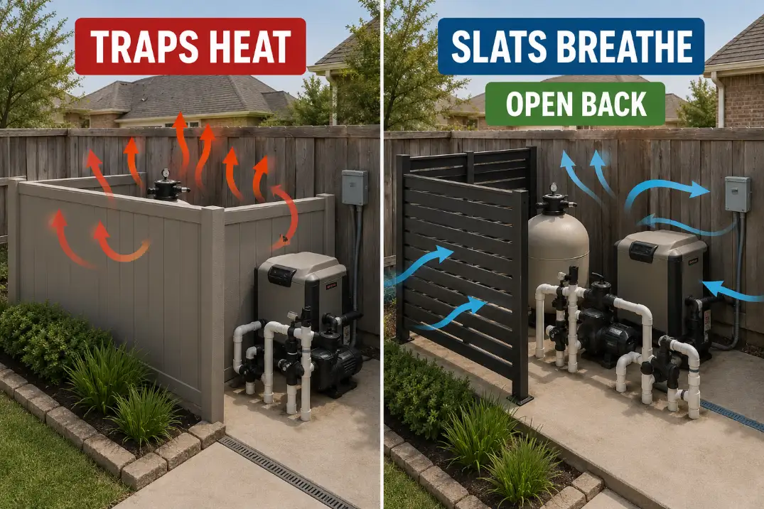 Comparison of a tight solid pool equipment enclosure that traps heat and an offset slatted screen with an open back for airflow.