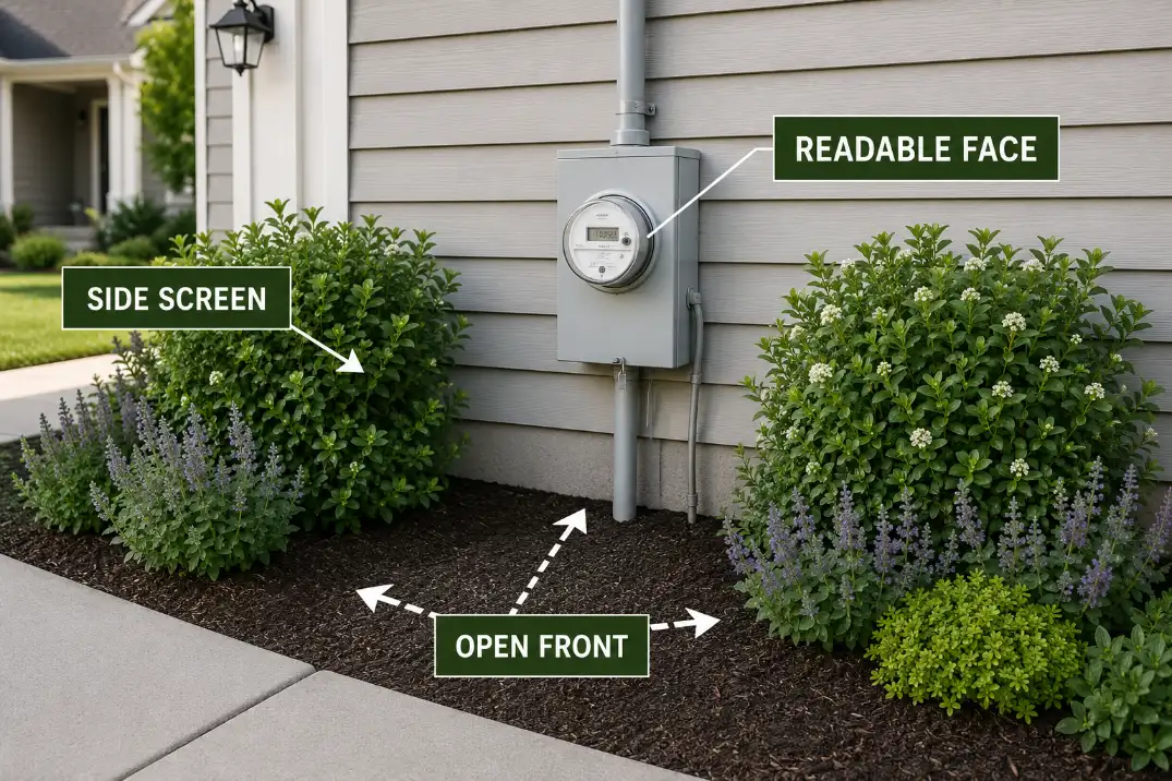 Diagram showing side screening, an open front access zone, and a readable utility meter face.