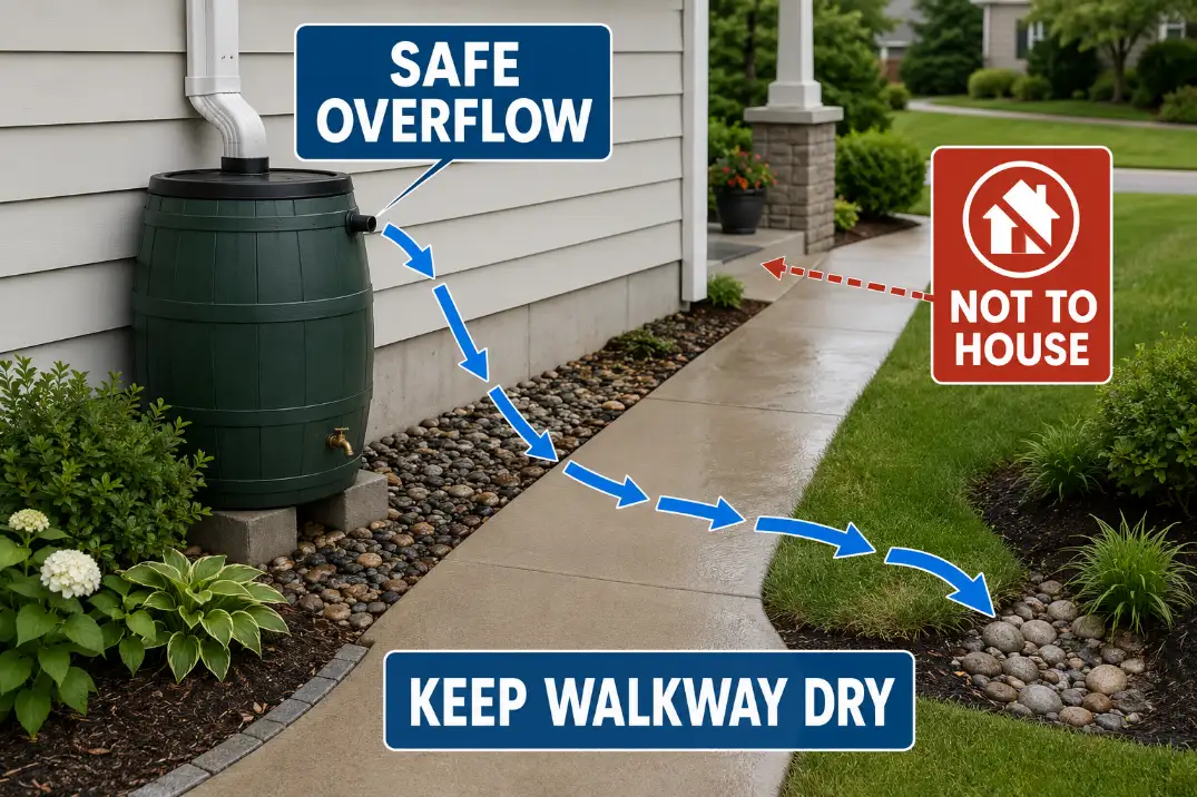 Diagram showing rain barrel overflow routed away from the foundation while keeping the walkway dry.