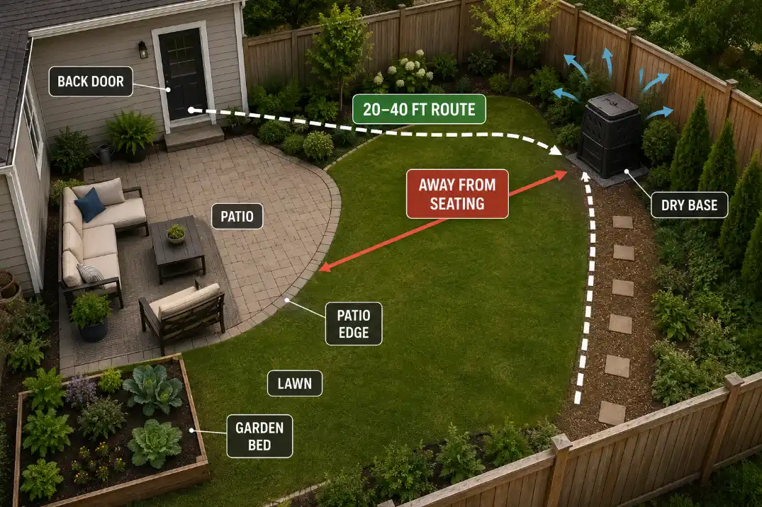 Small backyard compost bin placement diagram showing kitchen access, seating distance, airflow, and a dry base.