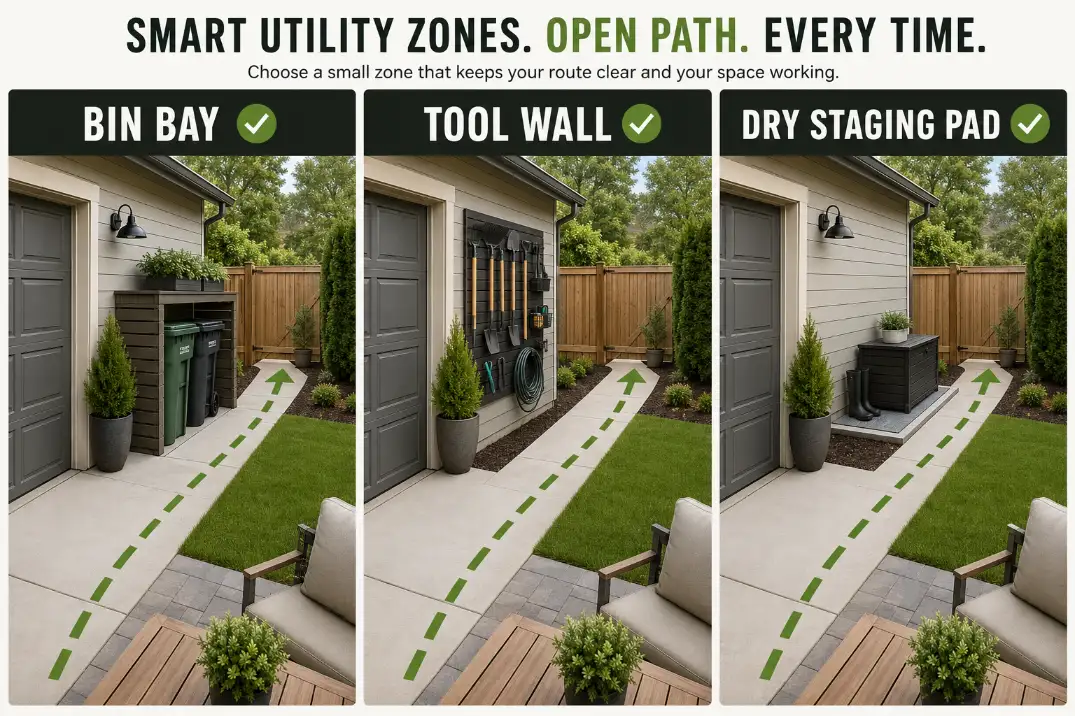 Three-panel garage utility zone idea selector showing a bin bay, tool wall, and dry staging pad beside a clear backyard path.