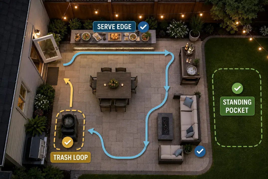Overhead outdoor entertaining flow diagram showing serve edge, standing pocket, drink station, seating edge, and trash loop on a backyard patio.