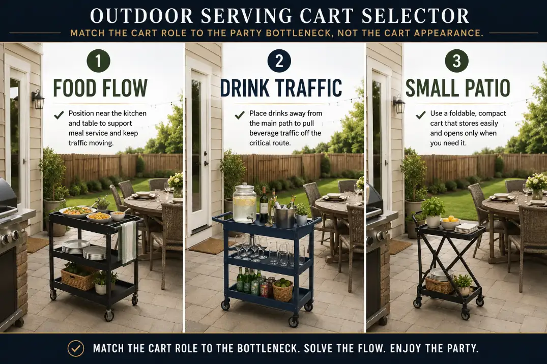 Three-panel patio serving cart selector comparing food carts, drink carts, and foldable carts for crowded backyard parties.