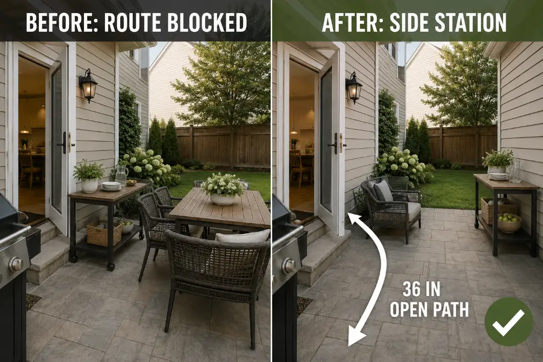 Before and after view of a small patio serving table moved from the back door route to a side station with a clear walking path.