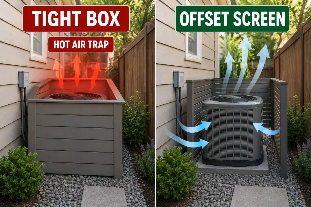 Comparison of a tight HVAC noise box trapping heat and an offset breathable screen that leaves airflow open.