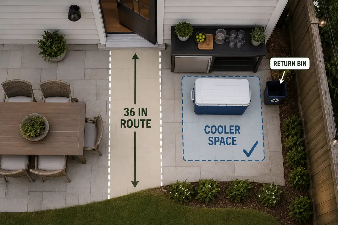 Overhead backyard patio diagram showing cooler floor space and a return bin kept beside the drink station and out of a 36-inch route.