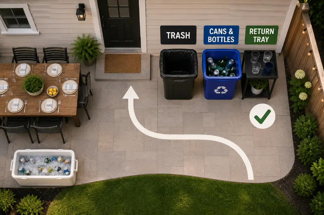 Overhead patio diagram showing separate outdoor trash, recycling, and return tray station beside the exit route.