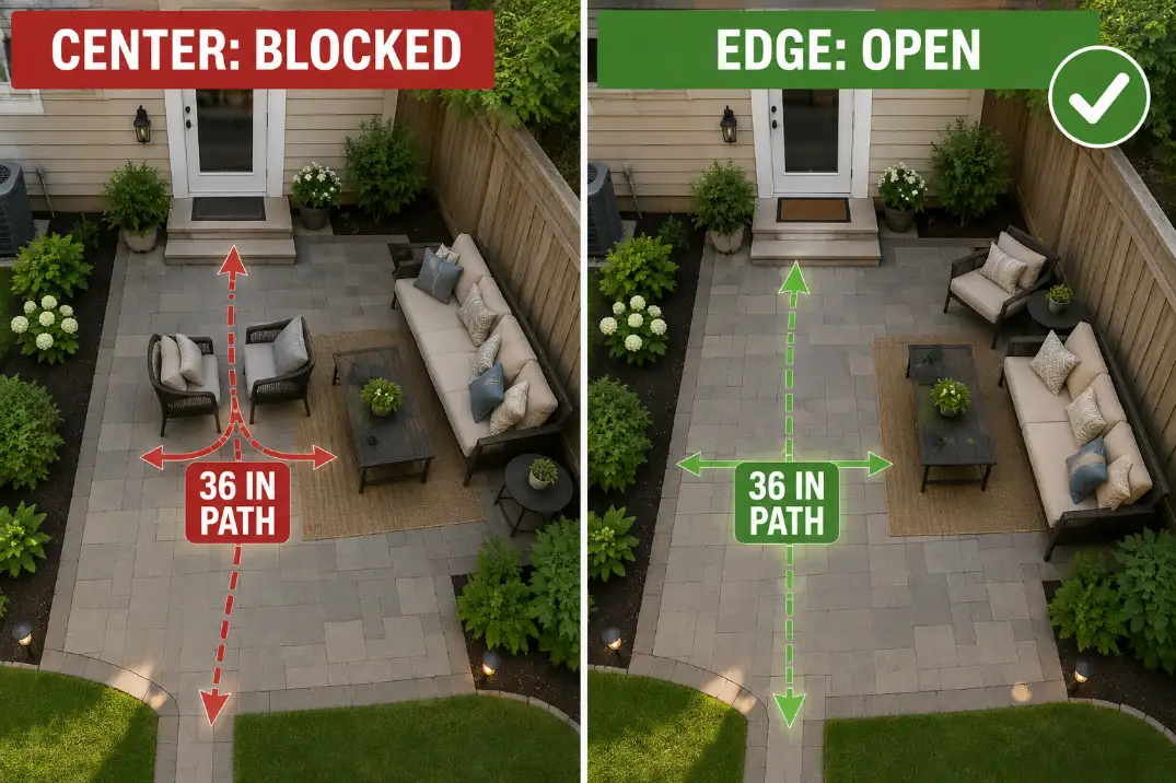 Comparison of extra guest chairs blocking the center route versus placed along the patio edge with a clear 36-inch path.