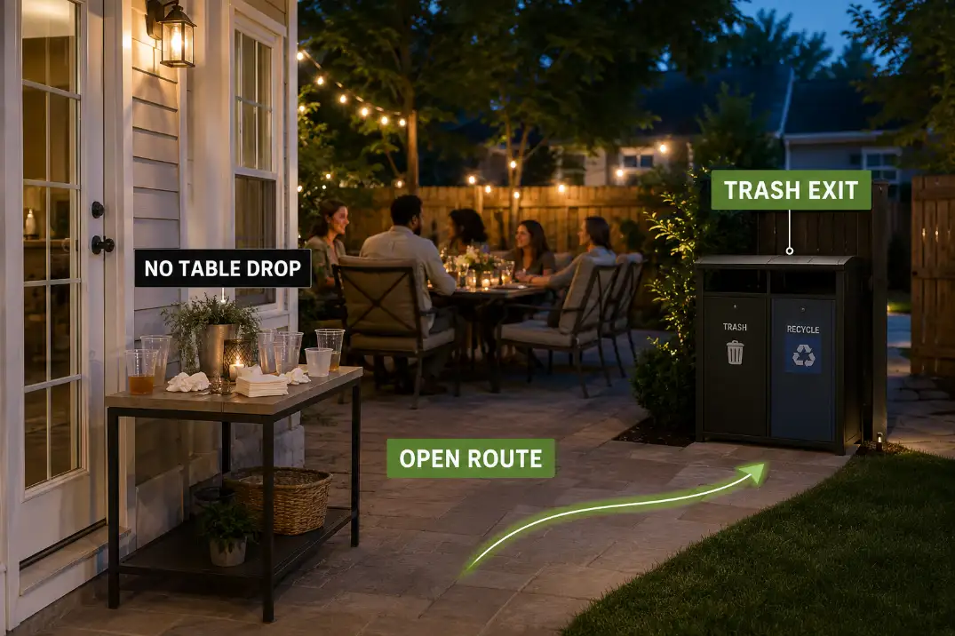 Backyard party patio showing a visible trash and recycling stop near the exit to keep cups and napkins out of the seating area.