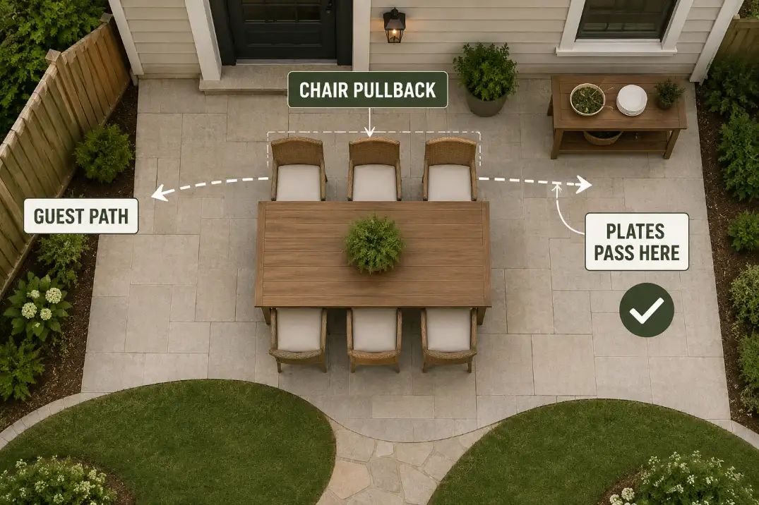 Overhead patio dining diagram showing guest movement behind pulled-back chairs and the clearance needed for serving access.
