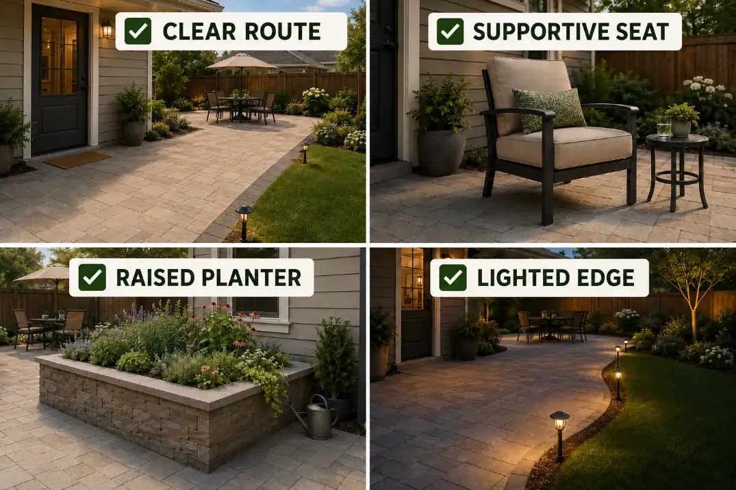Four-panel accessible outdoor space idea graphic showing a clear route, supportive seat, raised planter, and lighted path edge.