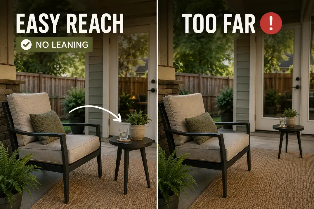 Comparison visual showing an outdoor chair with an easy side table within reach versus a table placed too far forward.