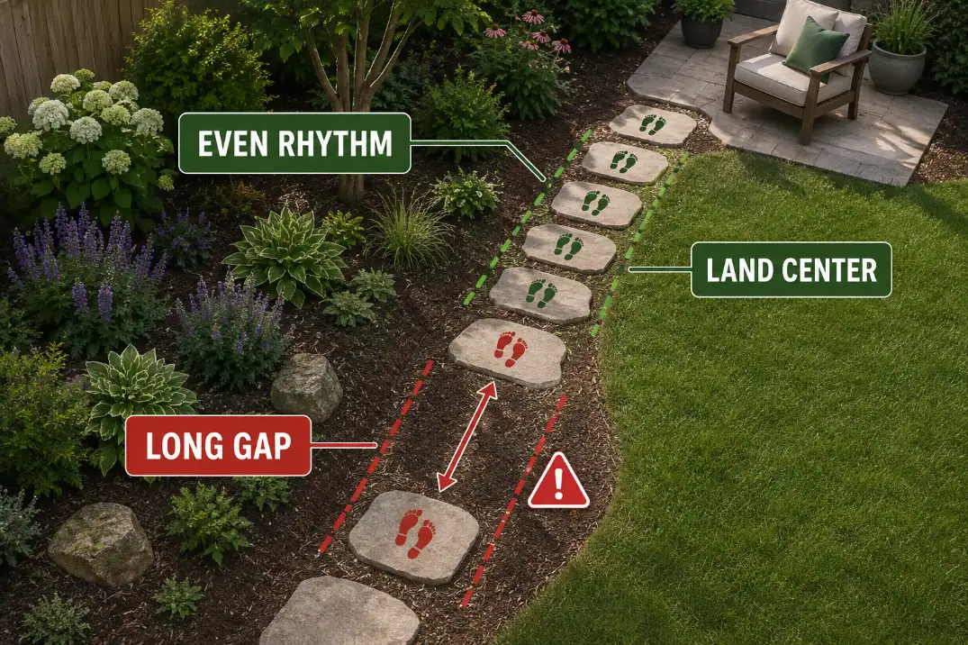 Overhead diagram showing safe stepping-stone rhythm with even spacing and a long gap on a senior garden path.