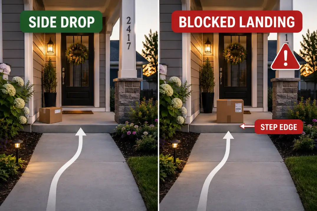 Comparison of a front porch package placed beside the walkway versus a delivery box blocking the landing and step edge.