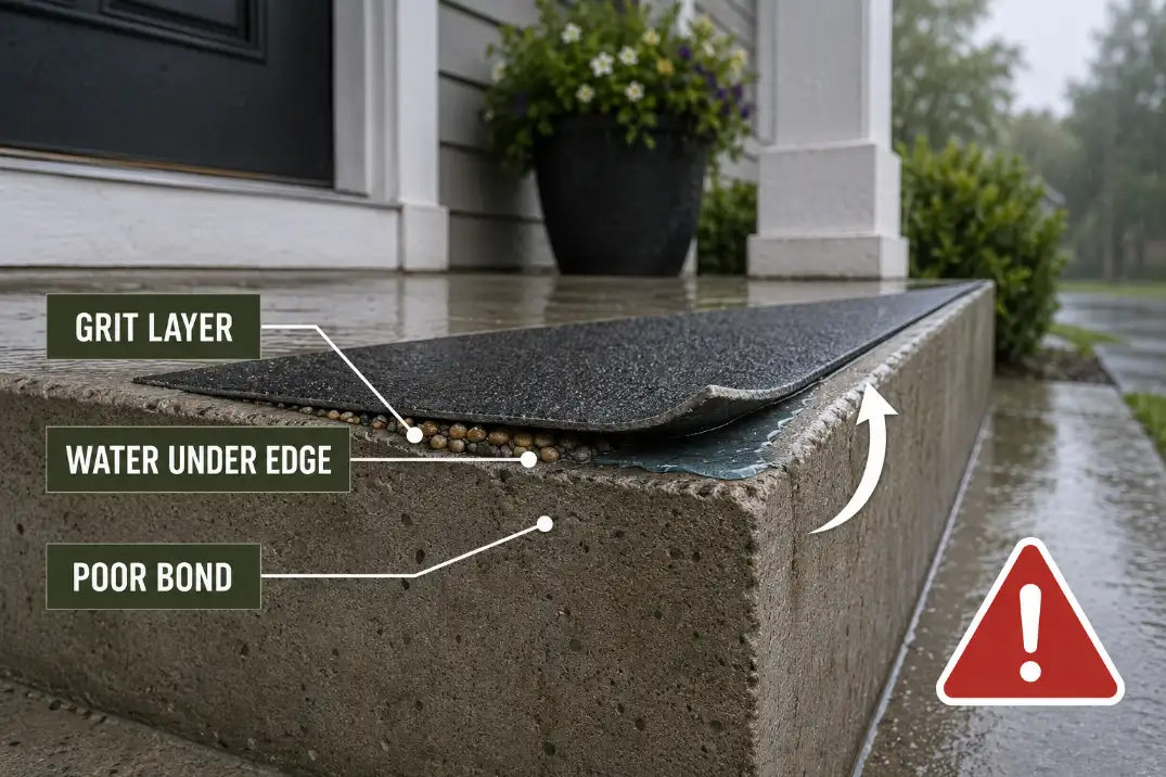 Diagram showing moisture and grit under an adhesive non-slip step tread causing poor bond and lifted edges after rain.