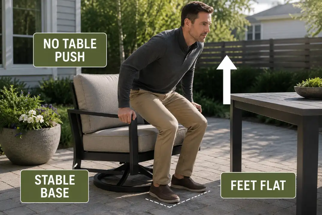 Outdoor chair test showing feet flat, stable chair base, and standing up without pushing on the patio table.
