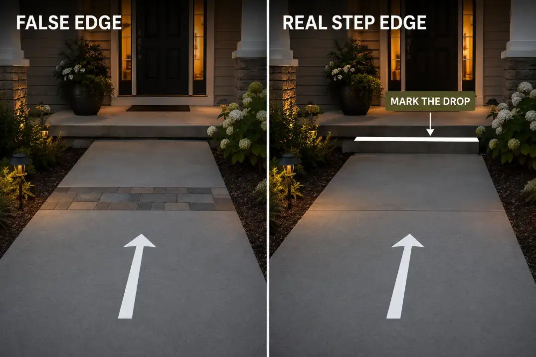 Comparison of a front entry where a surface change creates a false edge before the real outdoor step edge.