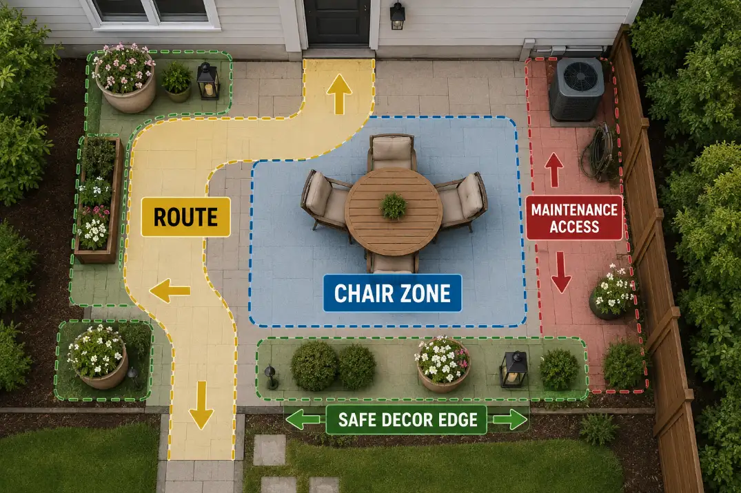 Patio layout diagram showing movement route, chair pull-out zone, maintenance access, and safer edge locations for garden decor.