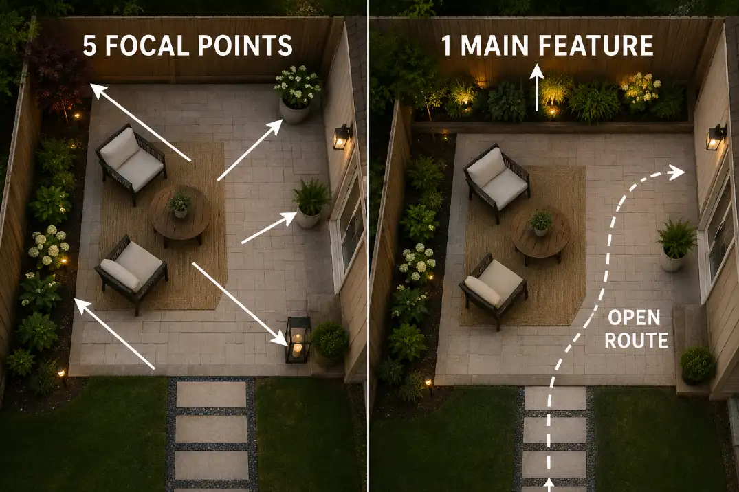 Overhead diagram of a small backyard patio showing five scattered focal points replaced by one main feature and an open walking route.
