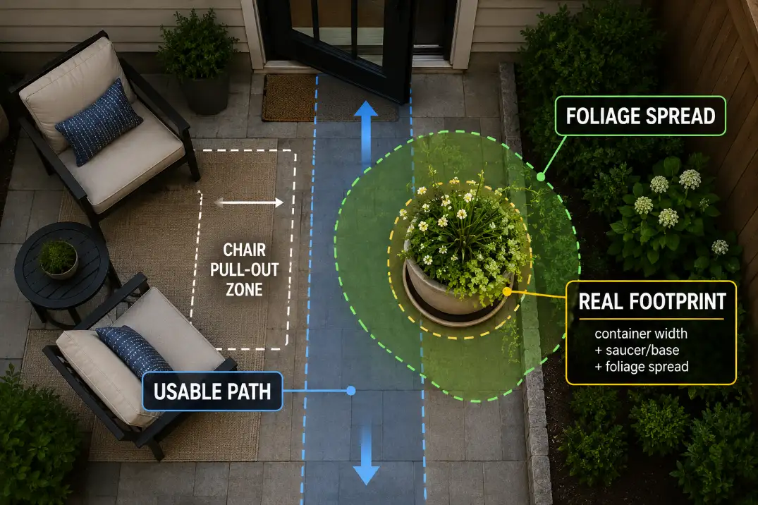 Overhead patio diagram showing how a decorative pot, saucer, and foliage spread reduce the usable walking path.