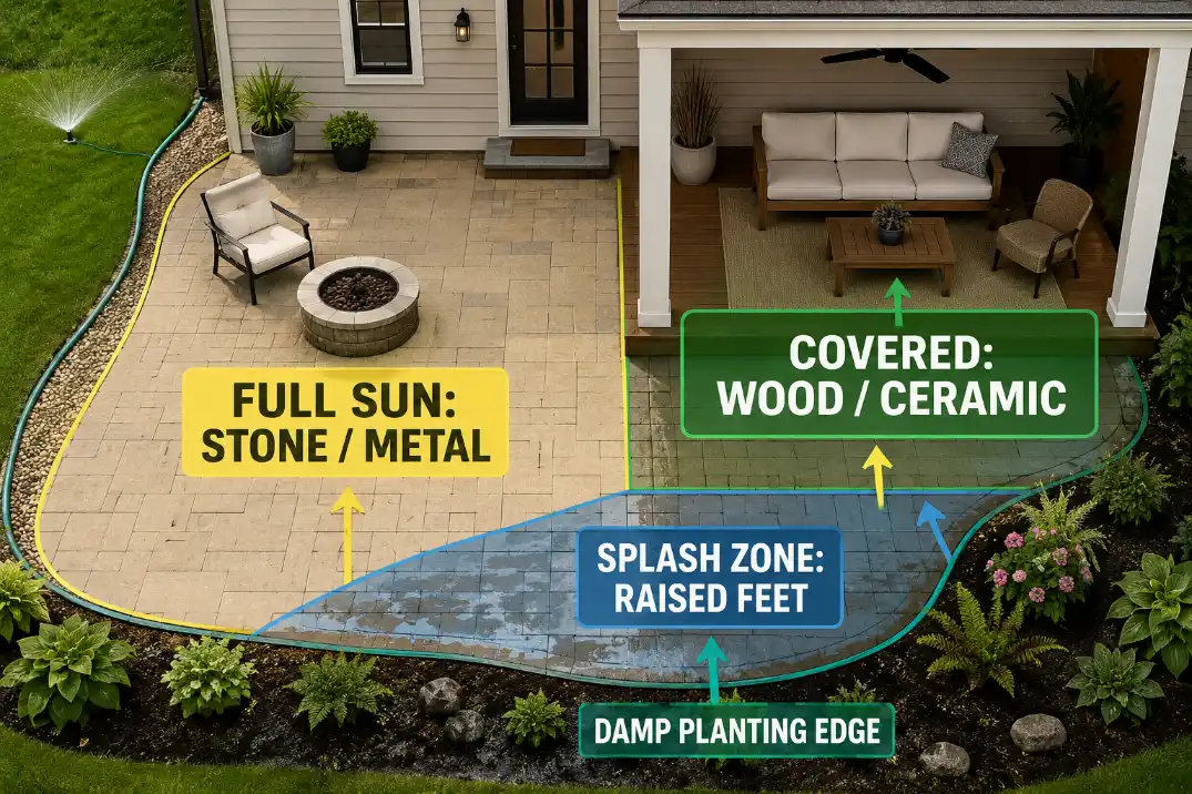 Patio exposure diagram showing which garden decor materials fit full sun, splash zones, and covered outdoor areas.