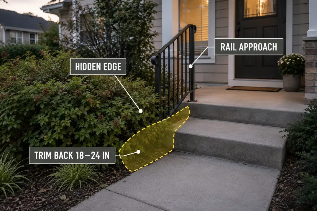 Front step and handrail partly hidden by overgrown plants with an overlay showing the rail approach and an eighteen to twenty-four inch trim-back zone.