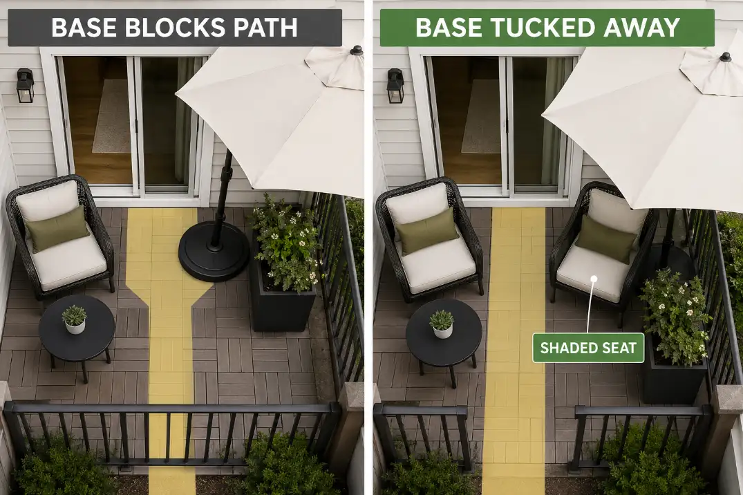 Comparison of renter-friendly patio shade showing an umbrella base blocking the route versus tucked beside a planter while shading the seat.