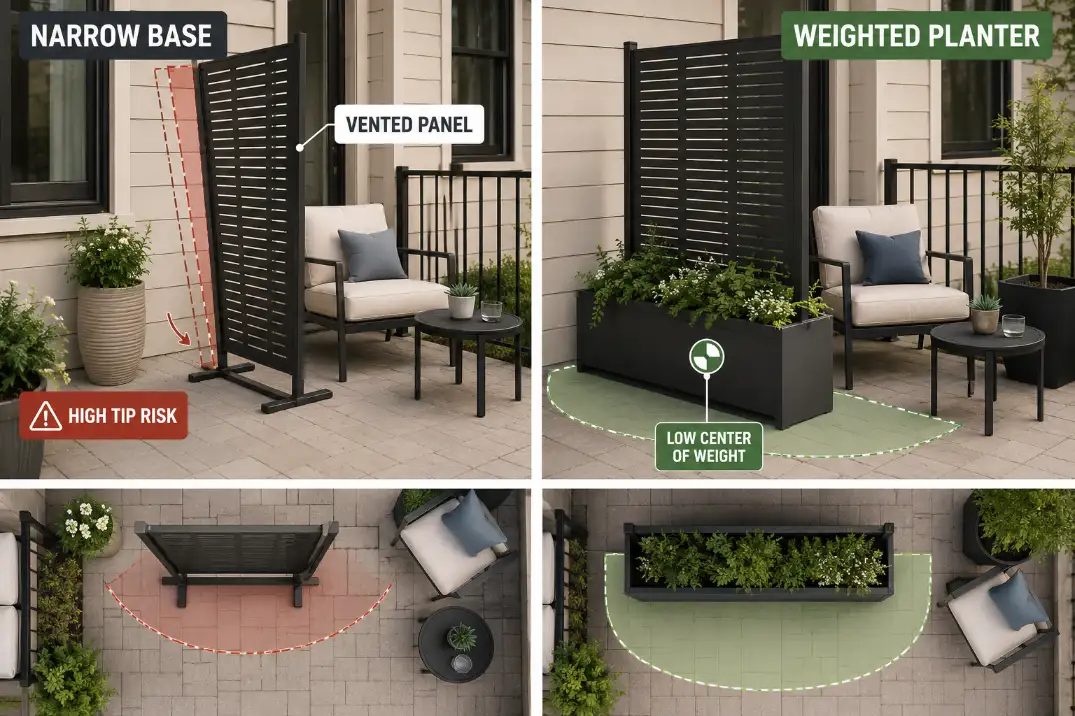 Diagram comparing a narrow unstable patio privacy screen base with a weighted planter-backed screen and vented panel.