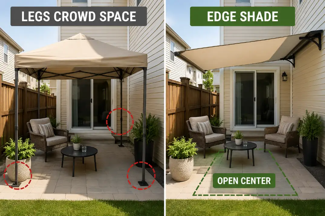 Temporary canopy comparison showing crowded patio legs around seating versus edge shade that leaves the center of a small patio open.