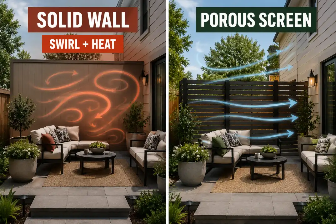 Comparison of a solid patio wind wall and a porous offset screen that shelters seating without closing in the patio.