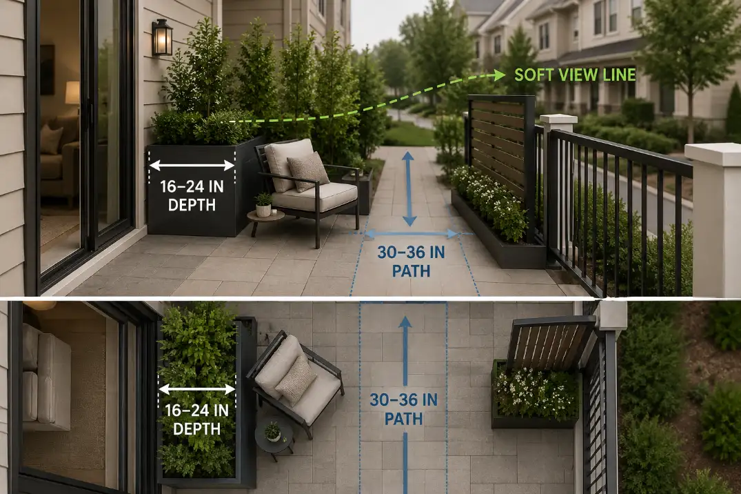 Diagram of an HOA patio showing a 16 to 24 inch deep privacy planter placed beside seating while keeping a 30 to 36 inch open path.