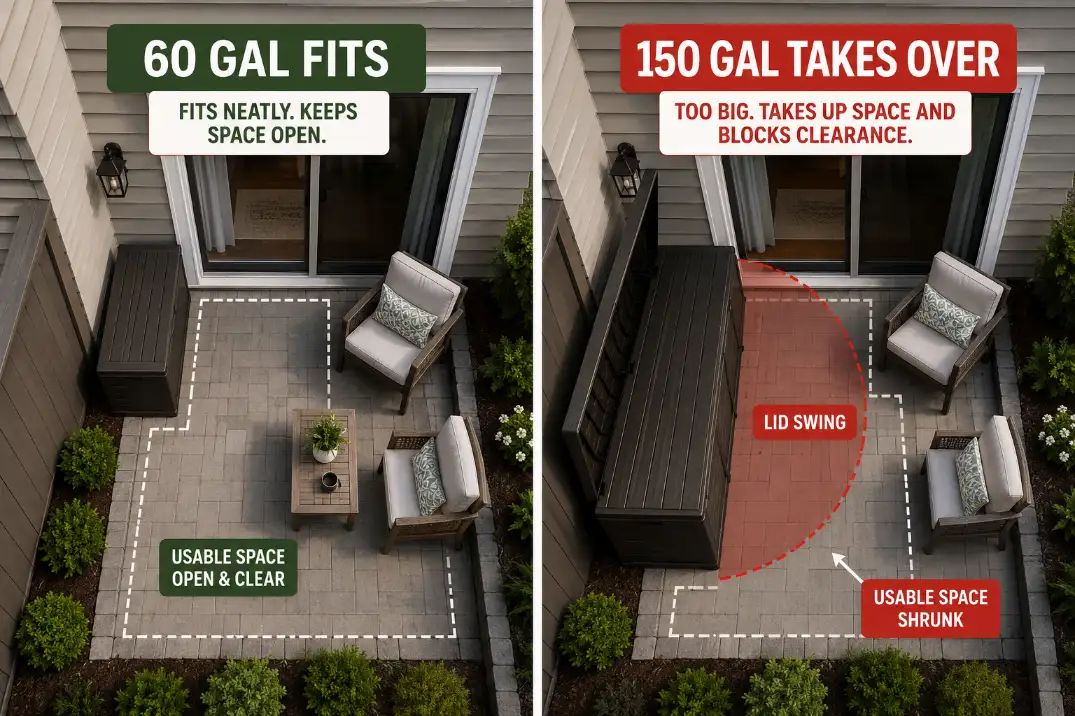 Overhead comparison of a 60-gallon deck box fitting on a small patio versus a 150-gallon deck box taking over floor and lid space.