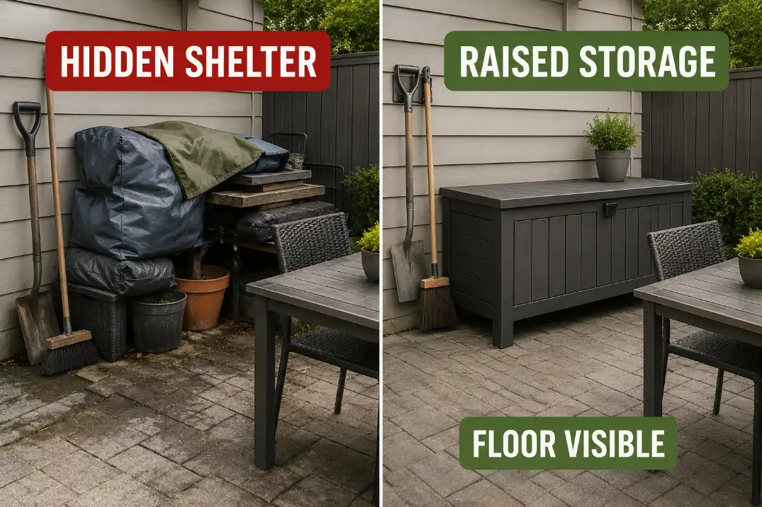 Comparison of a cluttered damp patio storage corner versus raised sealed storage with visible floor clearance to reduce pest shelter.